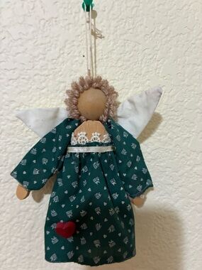 Handmade Angel Ornament Green Dress with Red Heart